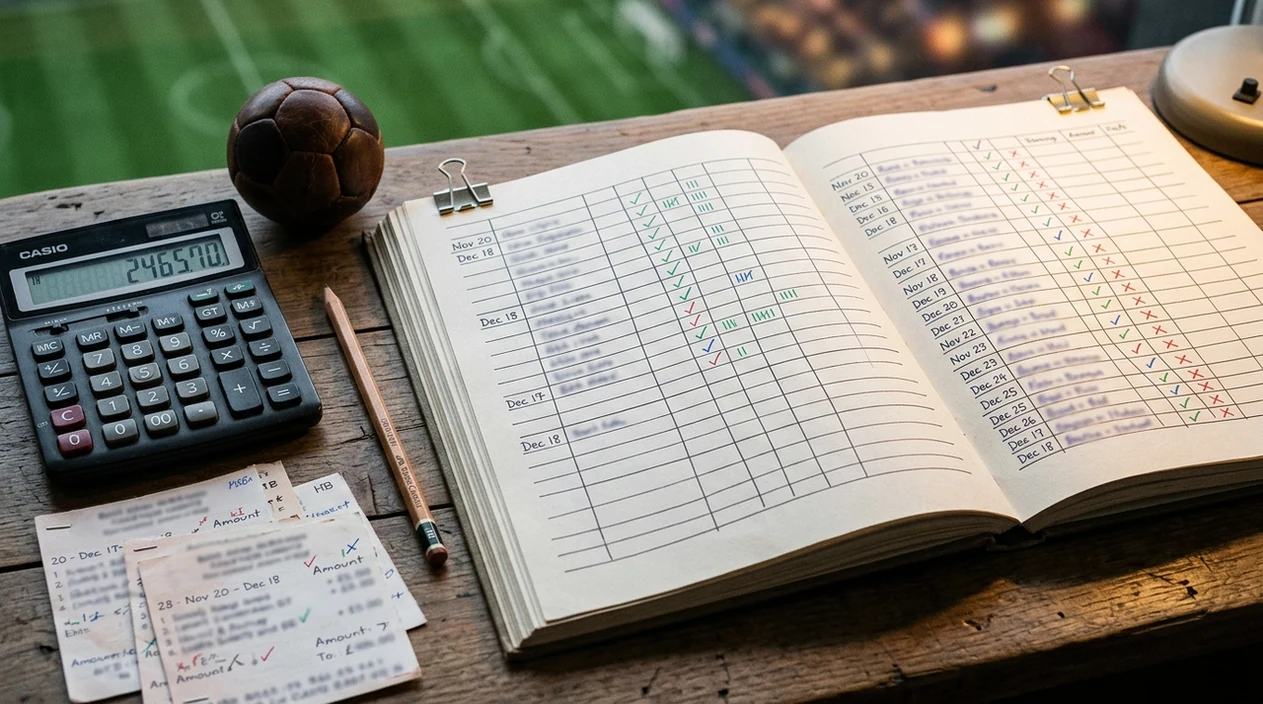 A betting results ledger with blurred slips, a calculator, pencil, and football arranged on a desk.