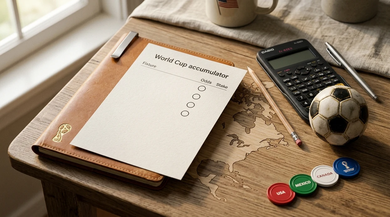 A tidy betting desk shows a football, blank slip, calculator, and four tokens for a short World Cup acca.
