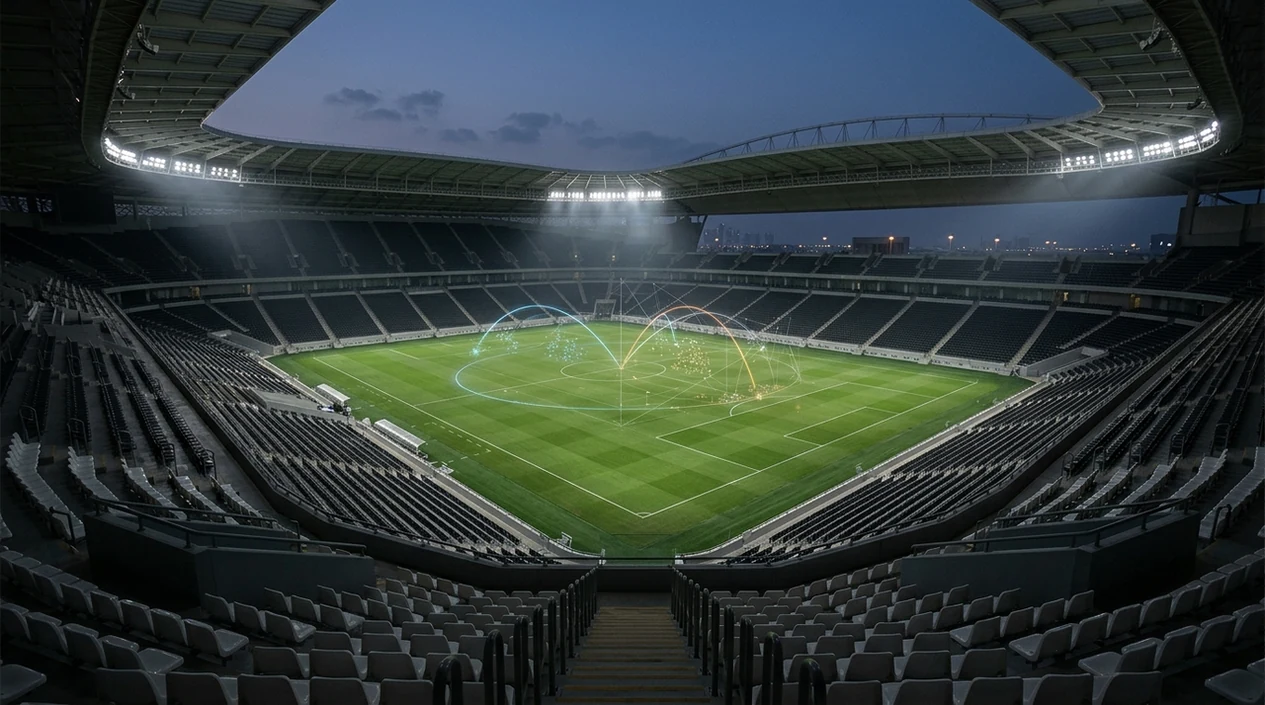 An empty football stadium with subtle data arcs projected over the pitch at dusk.