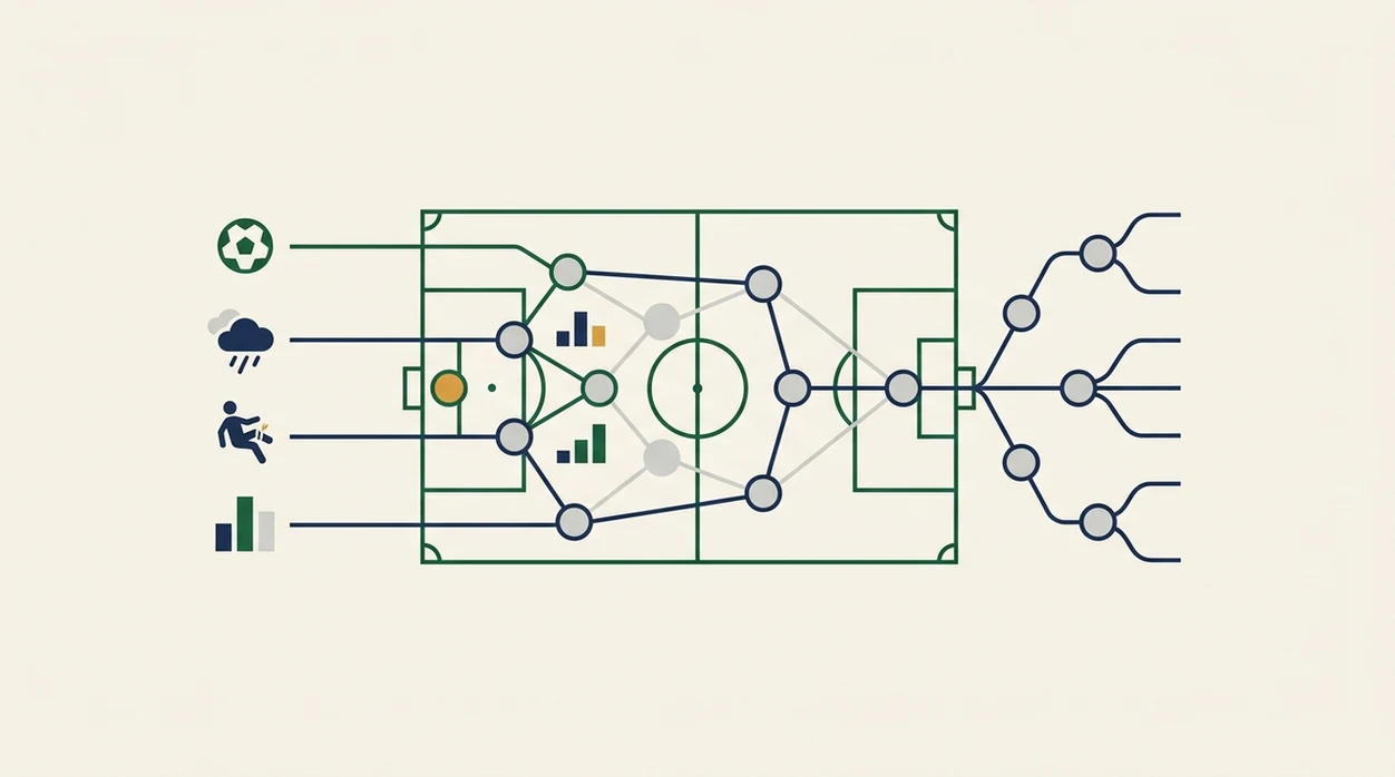 A clean diagram shows match data inputs flowing into a football pitch model and branching into outcomes.