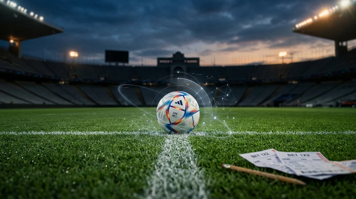 A football on a stadium pitch is surrounded by subtle data arcs and blurred betting slips.
