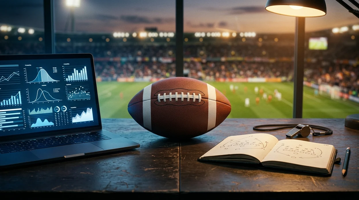 A football between abstract data charts and a coach notebook symbolizes AI and expert betting signals.
