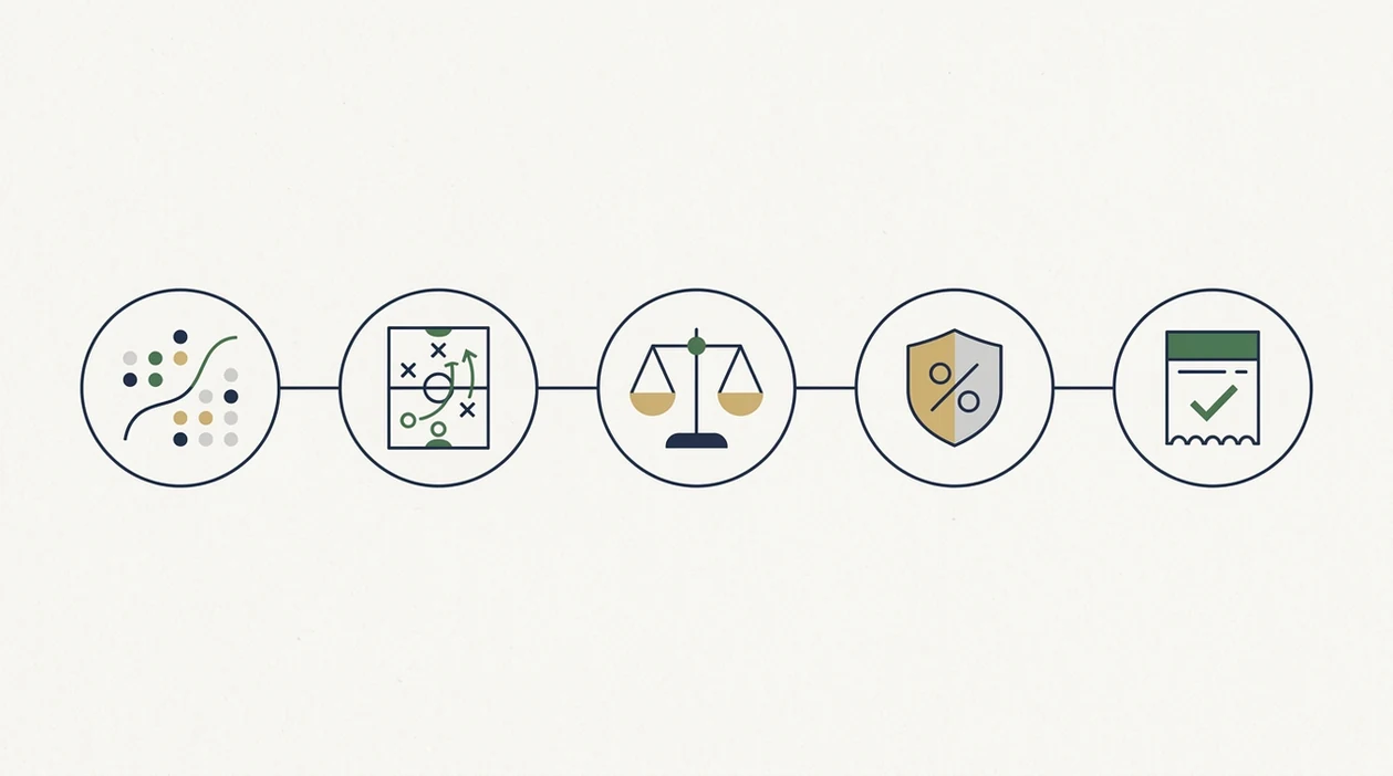 A five-step visual workflow combines model data, tactical context, value checks, risk control, and bet selection.