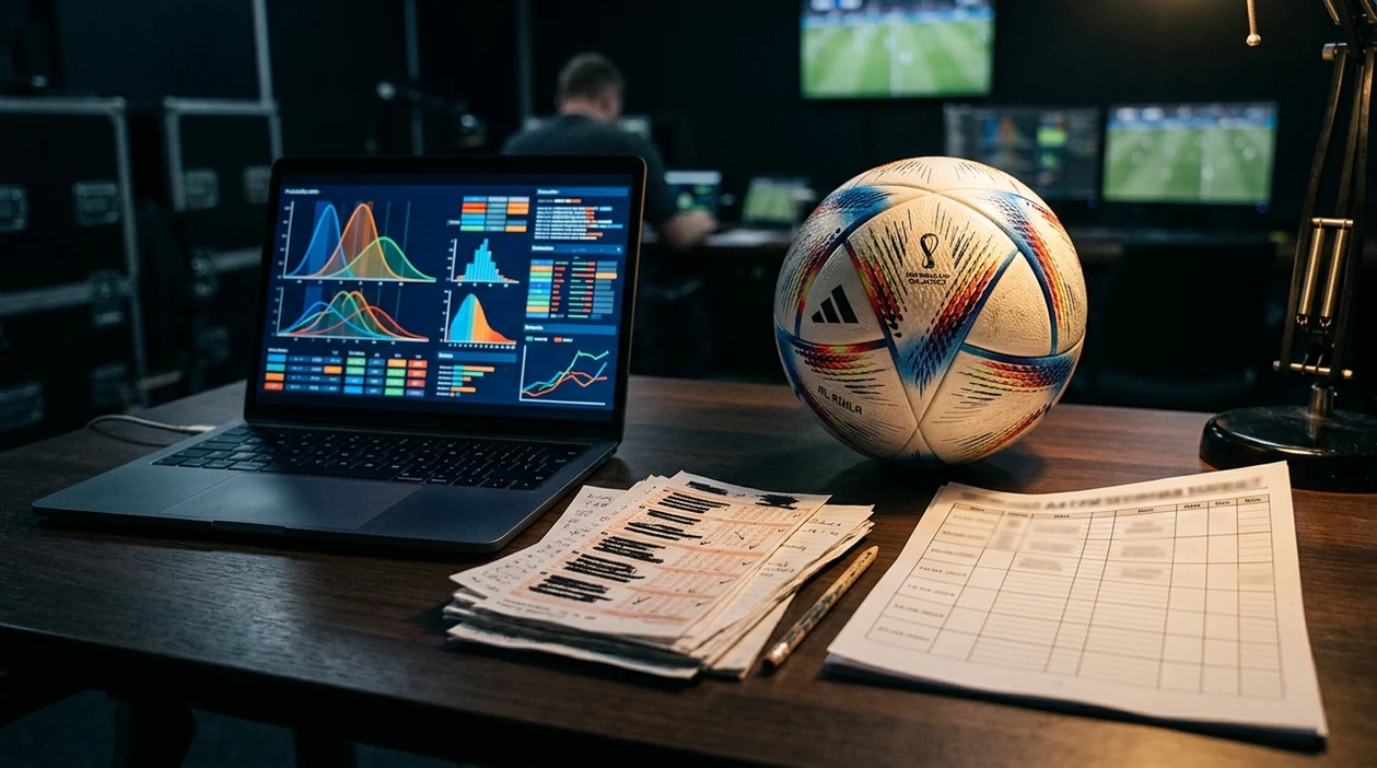 A football sits on an analyst desk with abstract odds charts and betting notes nearby.
