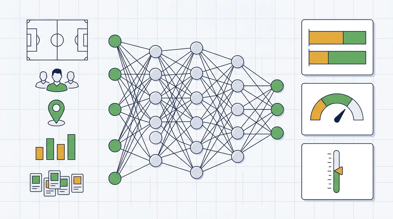 A diagram shows football data inputs flowing through a model into probability outputs.