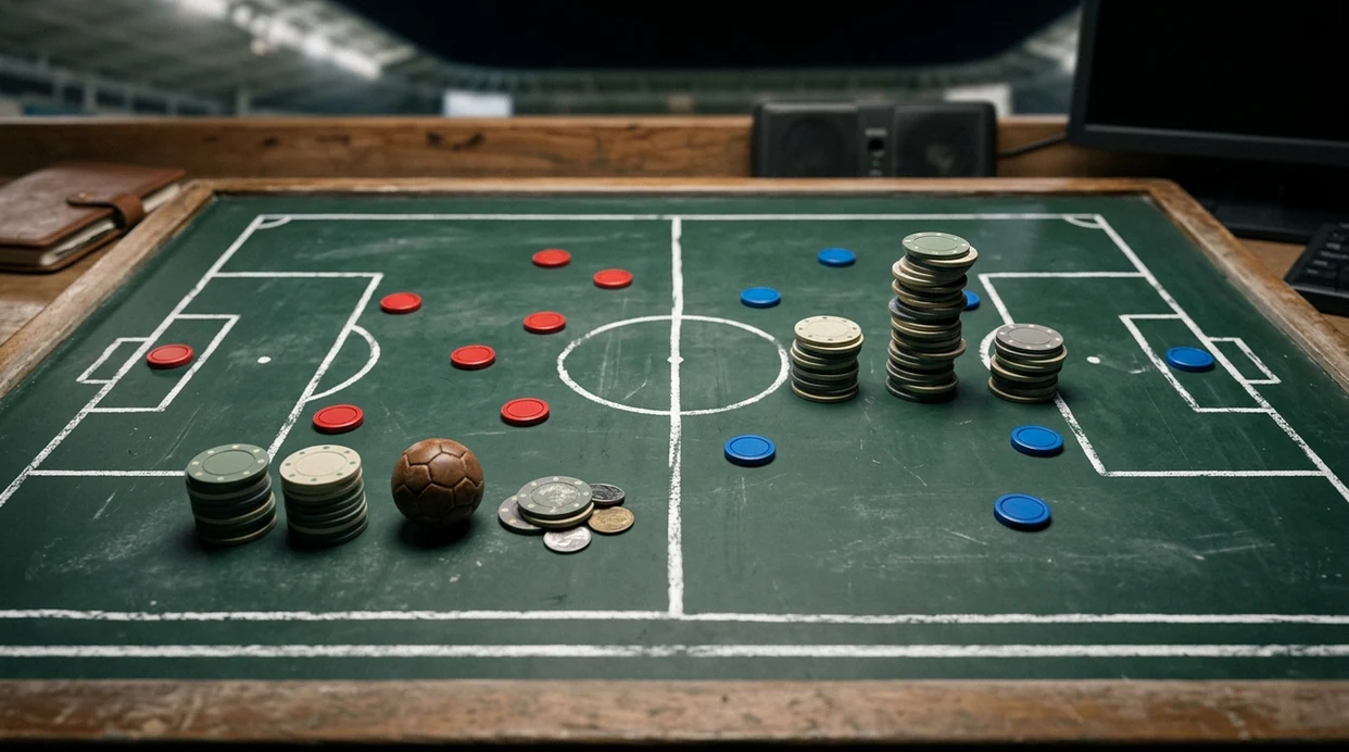 A football tactics board shows betting chips split into safer and riskier handicap outcomes.