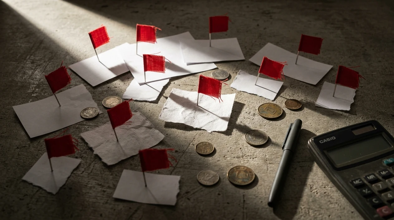 Red flags pinned into blank betting slips symbolize warning signs around guaranteed-win claims.