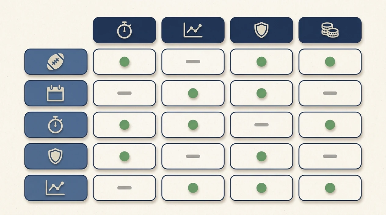 An abstract feature matrix uses icons and color blocks to compare football prediction app tools.