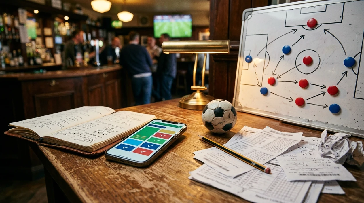 A football, blank bet slip, phone, and tactical counters arranged as a careful World Cup bet builder setup.