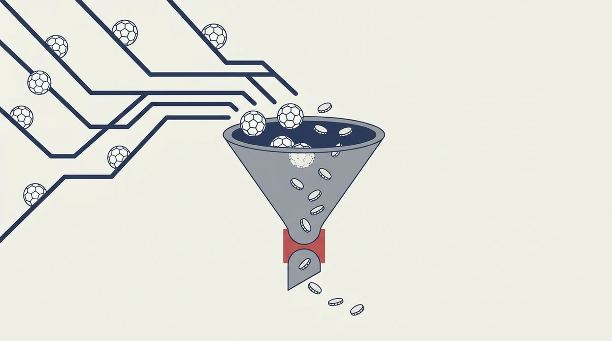 An abstract diagram shows footballs and coins narrowing through a funnel to represent betting risk.