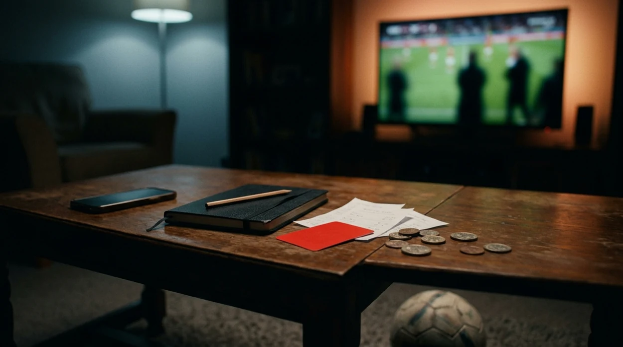 A football sits among blank betting slips and coins on a dark pitch, suggesting World Cup betting risk.