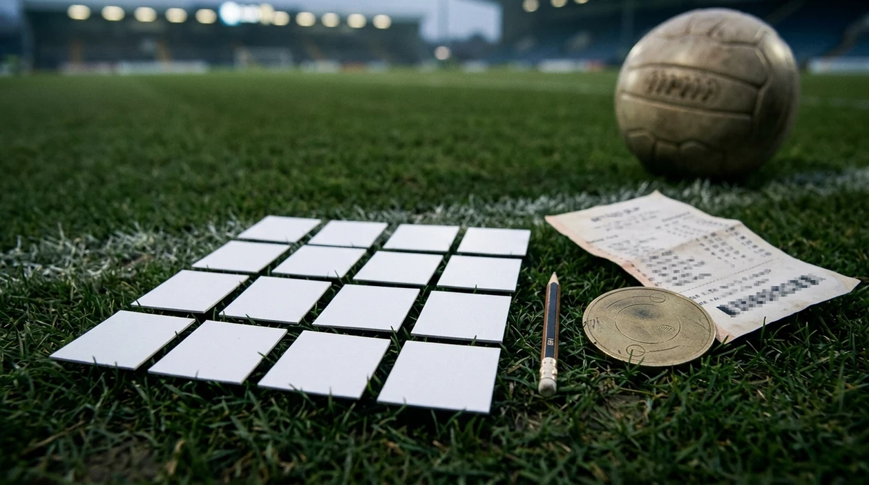 Blank score tiles and betting materials sit on a football pitch surface under stadium-style light.