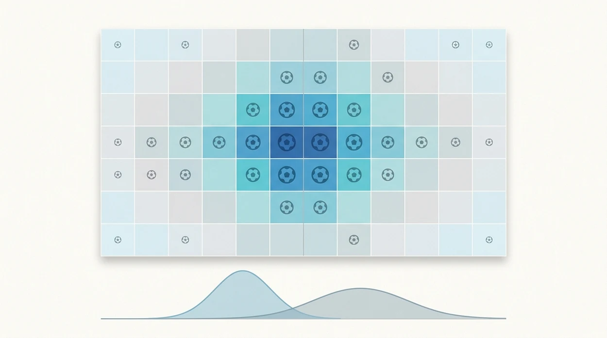 An abstract probability matrix shows clustered score outcomes with softer cells toward the edges.