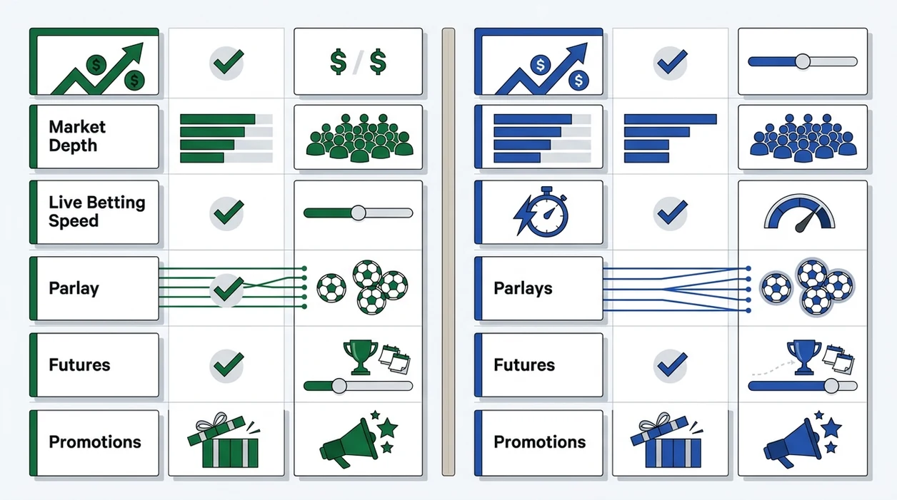 A clean split-column graphic compares sportsbook features with icons and soccer symbols.
