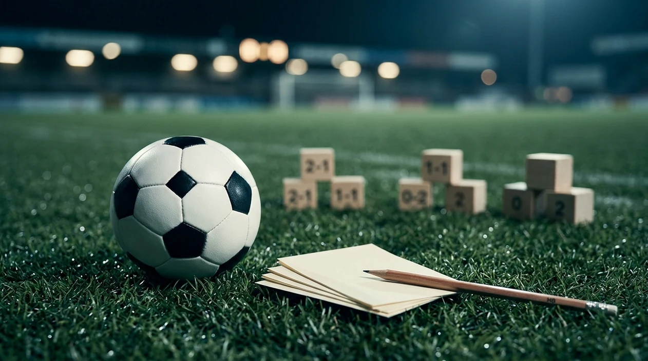A football, blank betting slips, and outcome blocks sit on turf under stadium lights.