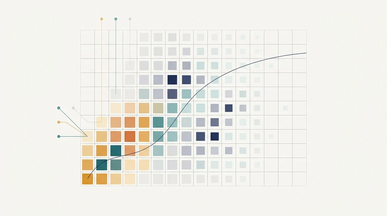 An abstract probability grid shows clustered low-score outcomes in a clean data illustration.
