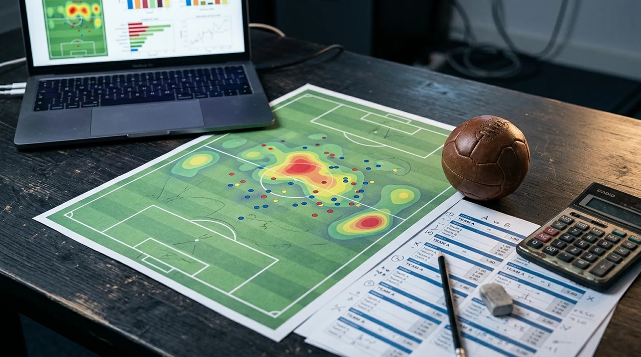 A football analytics desk shows match data, probability charts, and a ball arranged for prediction modeling.