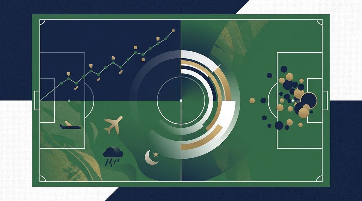 An abstract football pitch diagram combines ratings, goal probabilities, and context into one model.