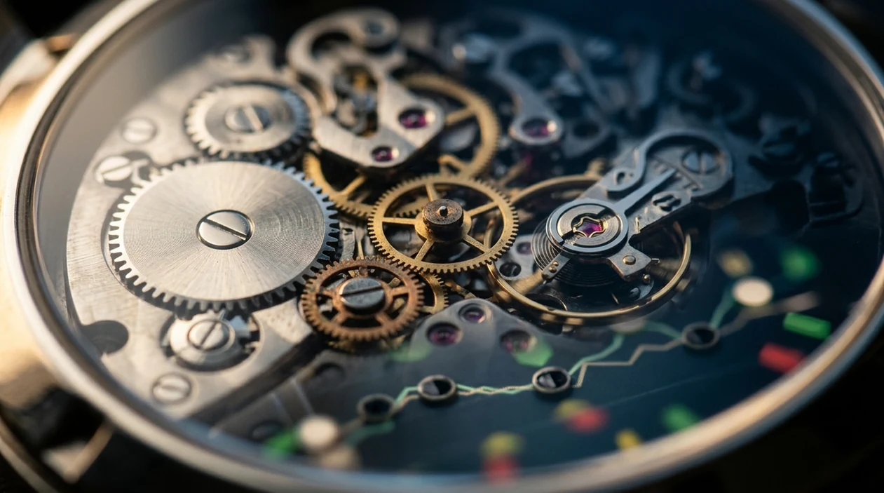 Watch gears overlay blurred betting markers and graphs, suggesting the hidden mechanics behind free tips apps.