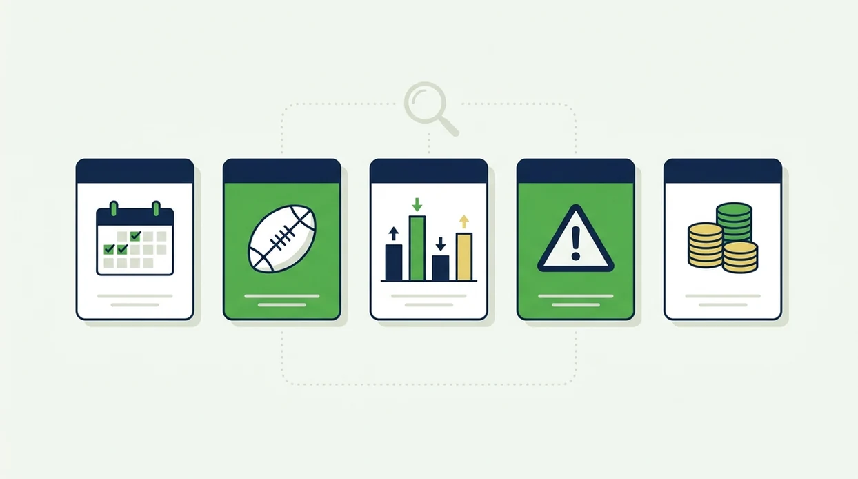 An illustrated comparison board shows app cards, football icons, odds bars, and warning symbols without text.