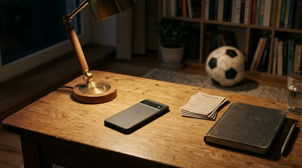 A phone face down beside football items suggests pausing World Cup betting to seek help.
