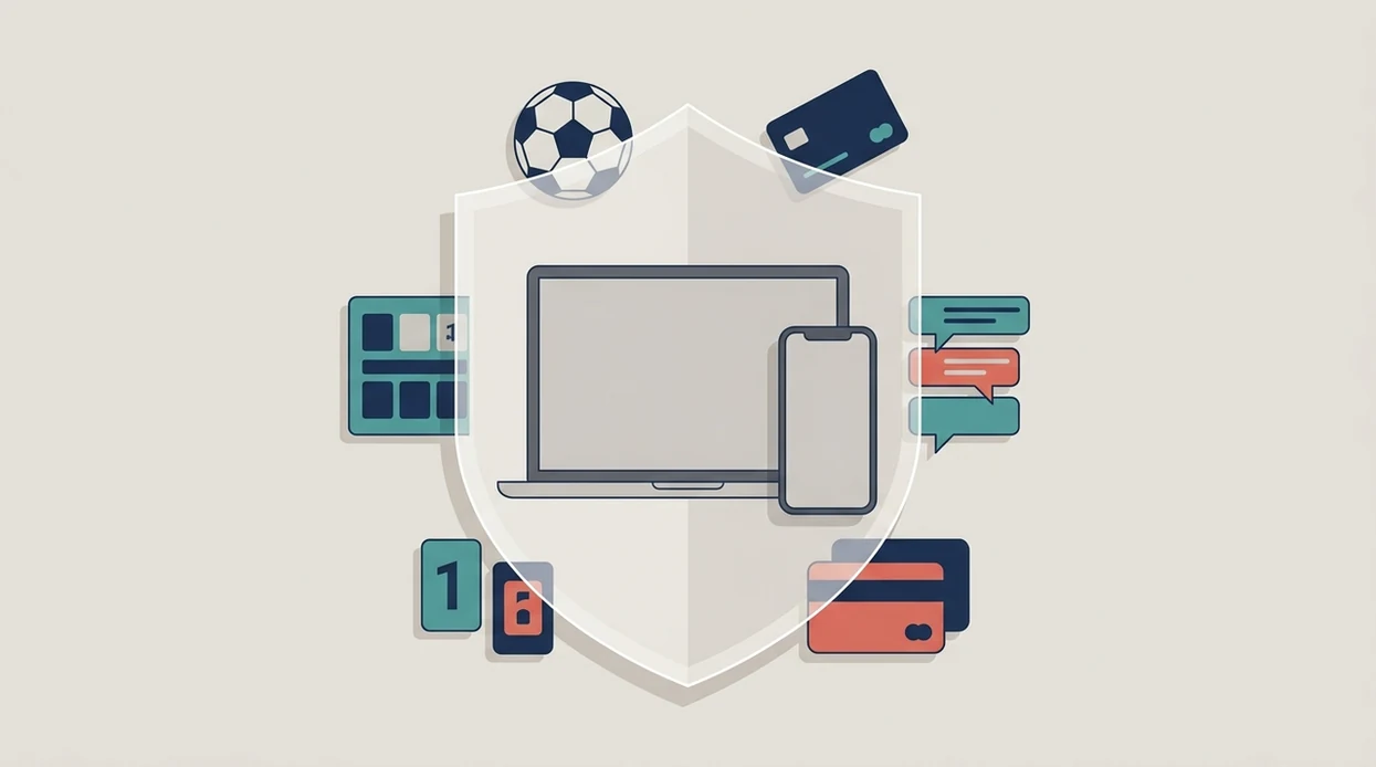 An illustrated shield blocks betting triggers from reaching a laptop and phone.