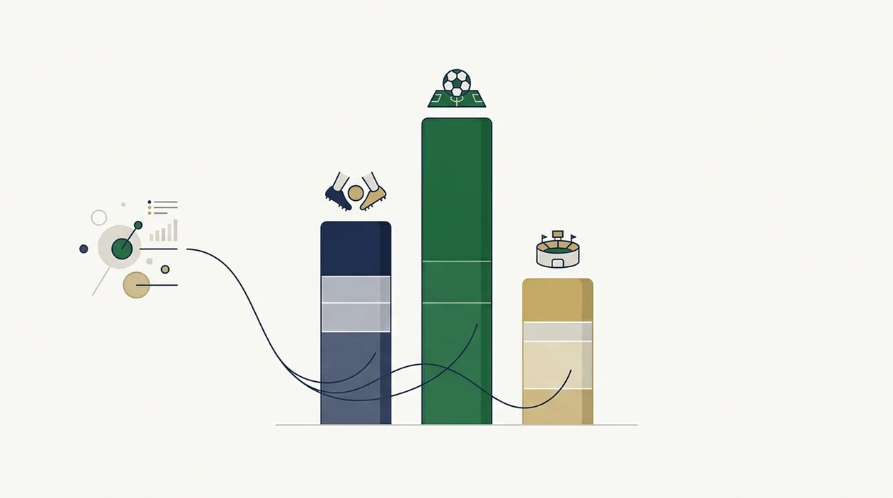 A clean illustration shows three outcome bars fed by an abstract model flow for football probabilities.