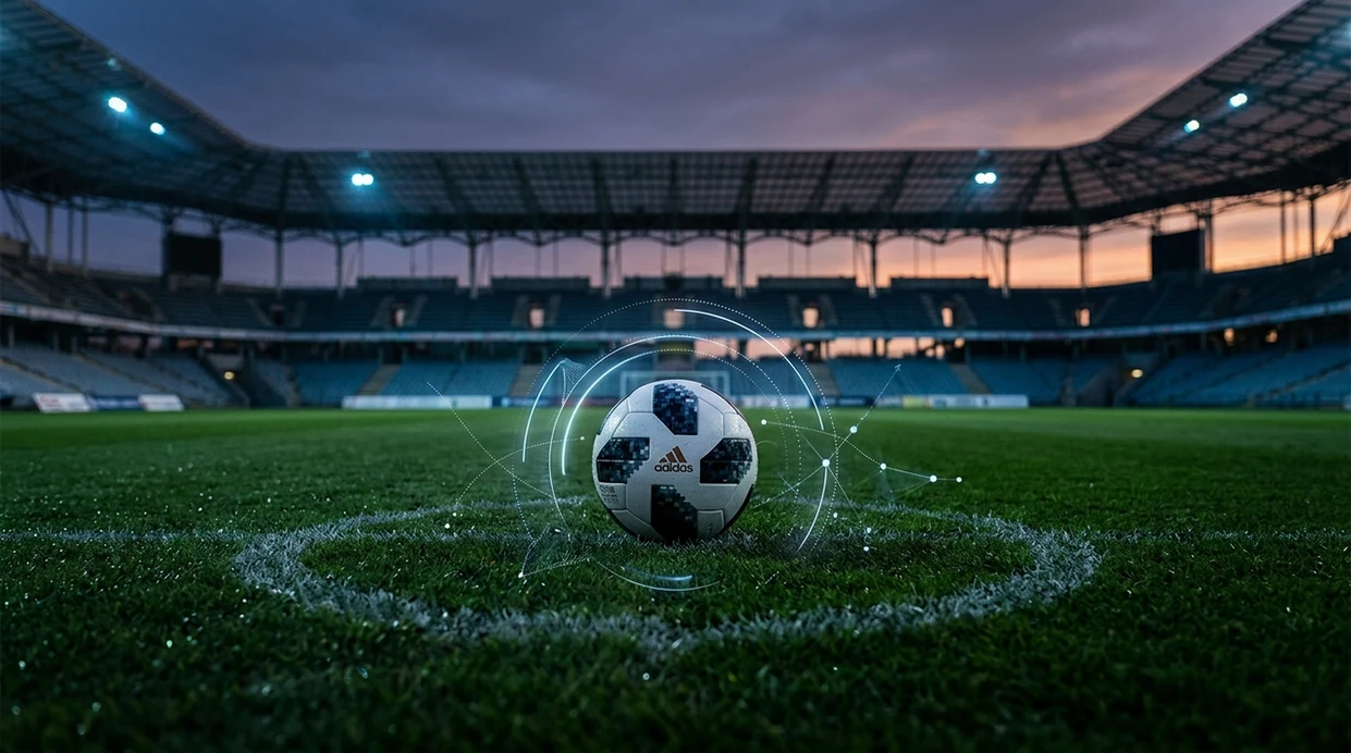 A football on a stadium pitch is surrounded by abstract data lights suggesting AI match predictions.