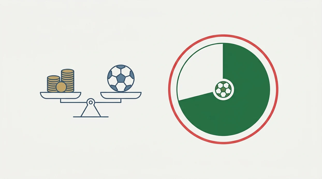A clean probability dial with a football and balance scales illustrating implied probability and value.