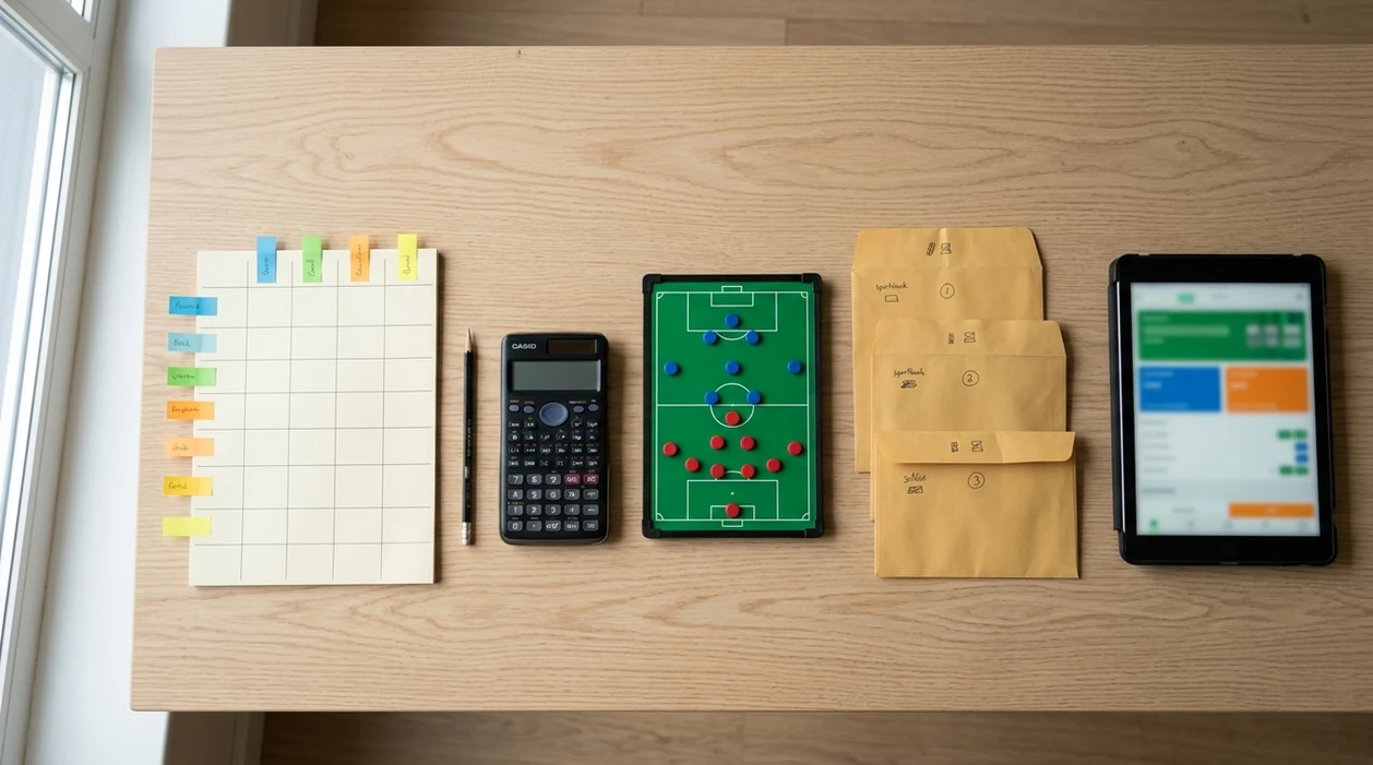A tidy desk with planning tools, envelopes, and a tablet shows a careful odds-checking workflow.