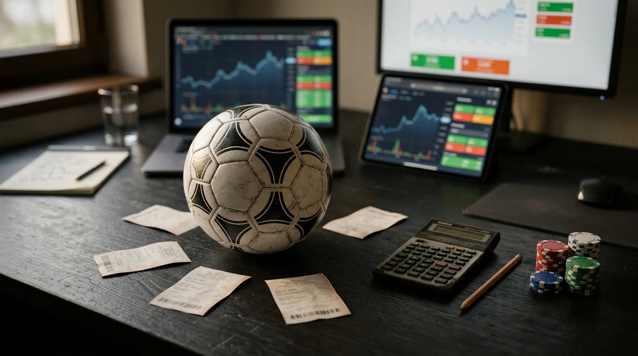 A soccer ball, calculator, chips, and blurred betting screens suggest comparing World Cup prices.