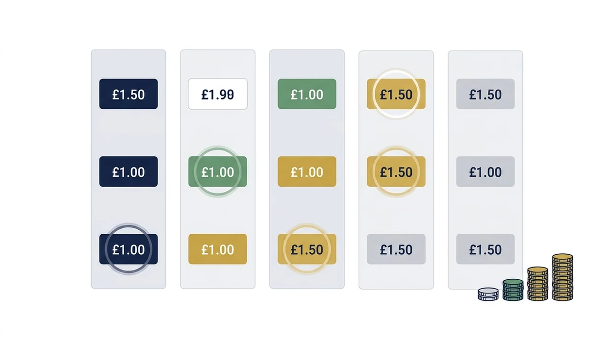 A clean diagram shows different price markers across operators and larger coin stacks for better payouts.