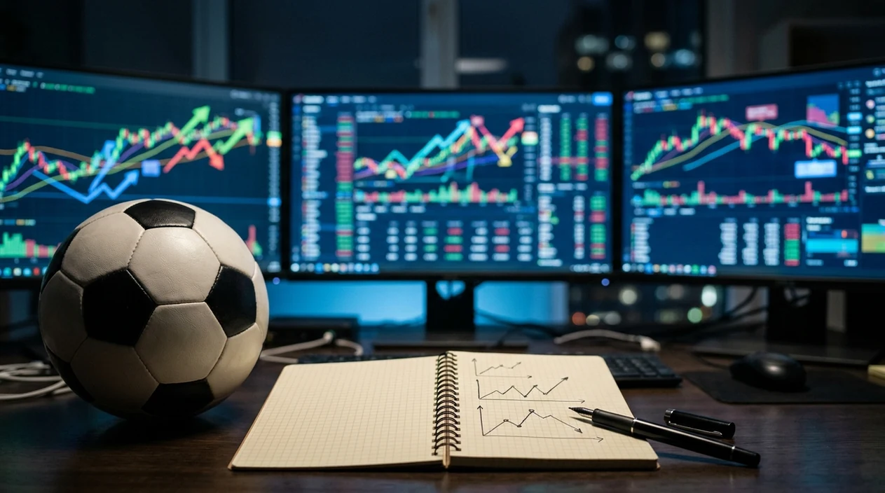 A football and betting notebook sit before blurred market screens with shifting line charts.