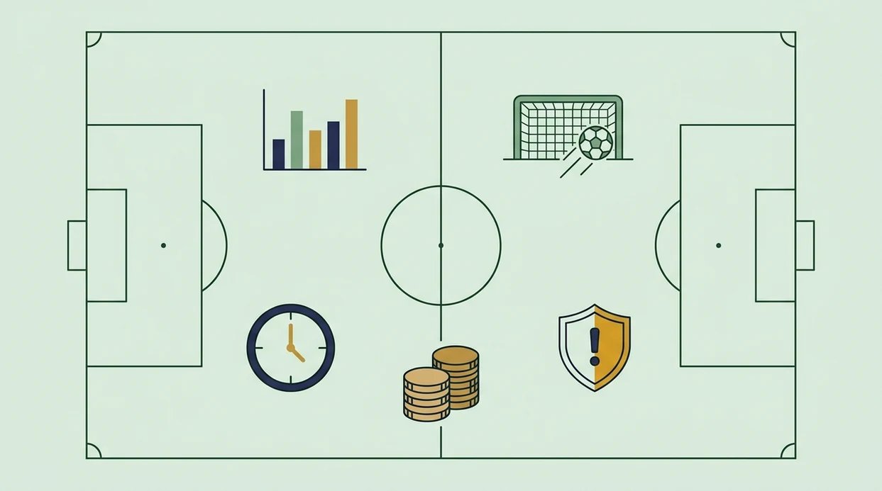 A clean football pitch diagram uses icons to show factors behind over 2.5 goals analysis.