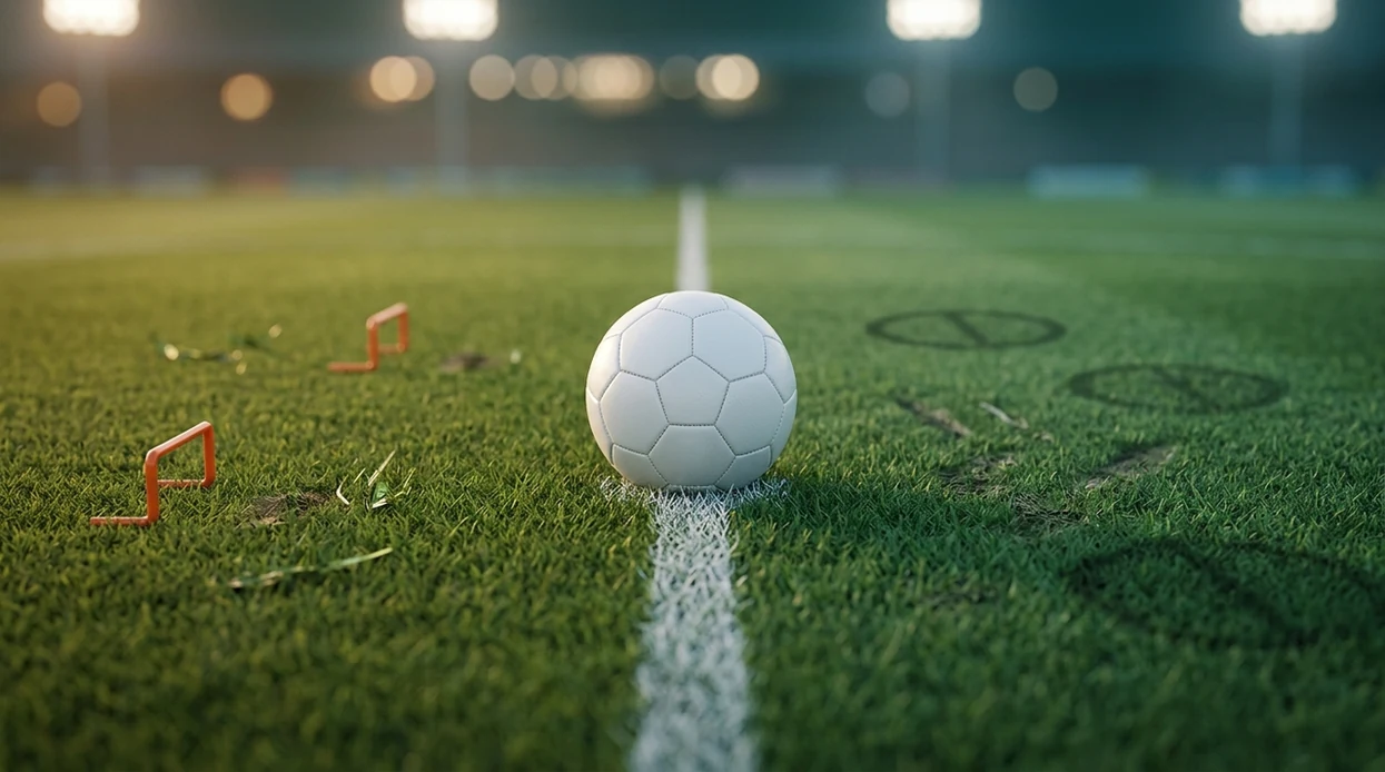 A football rests on a dividing pitch line, visually suggesting the over and under goals decision.