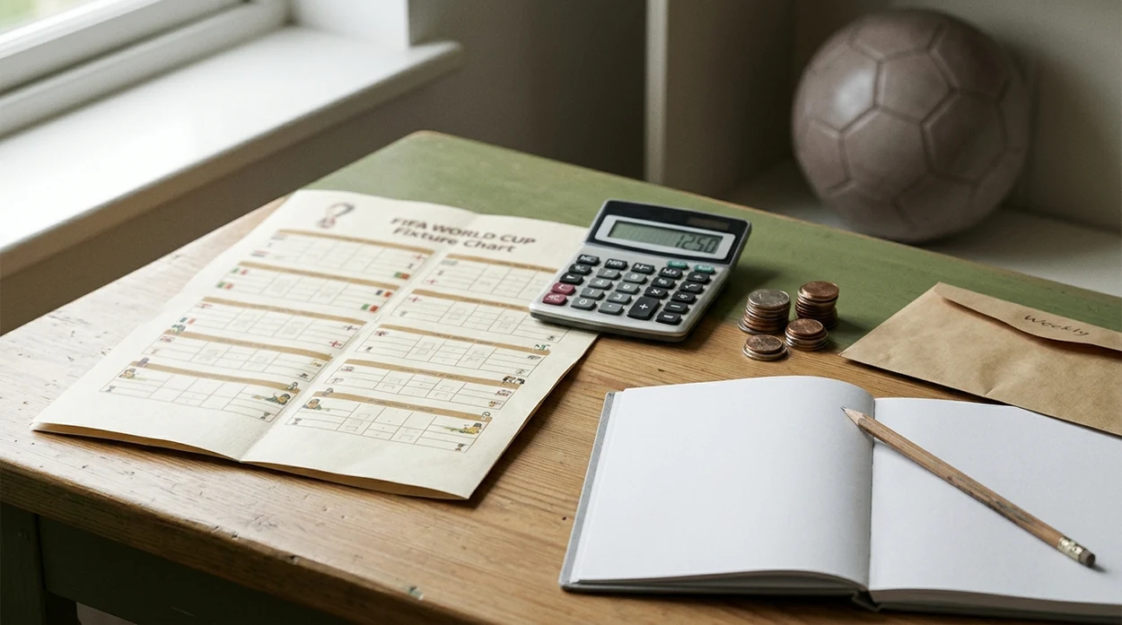 A calm desk setup shows coins, a calculator, a notebook, and a football fixture sheet for setting betting limits.