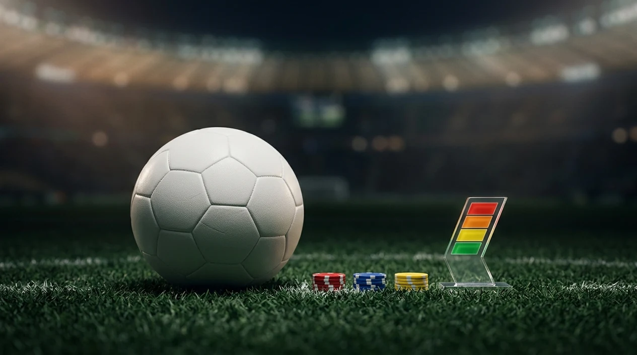 A football, betting chips, and a muted risk gauge sit on a pitch under soft stadium lights.