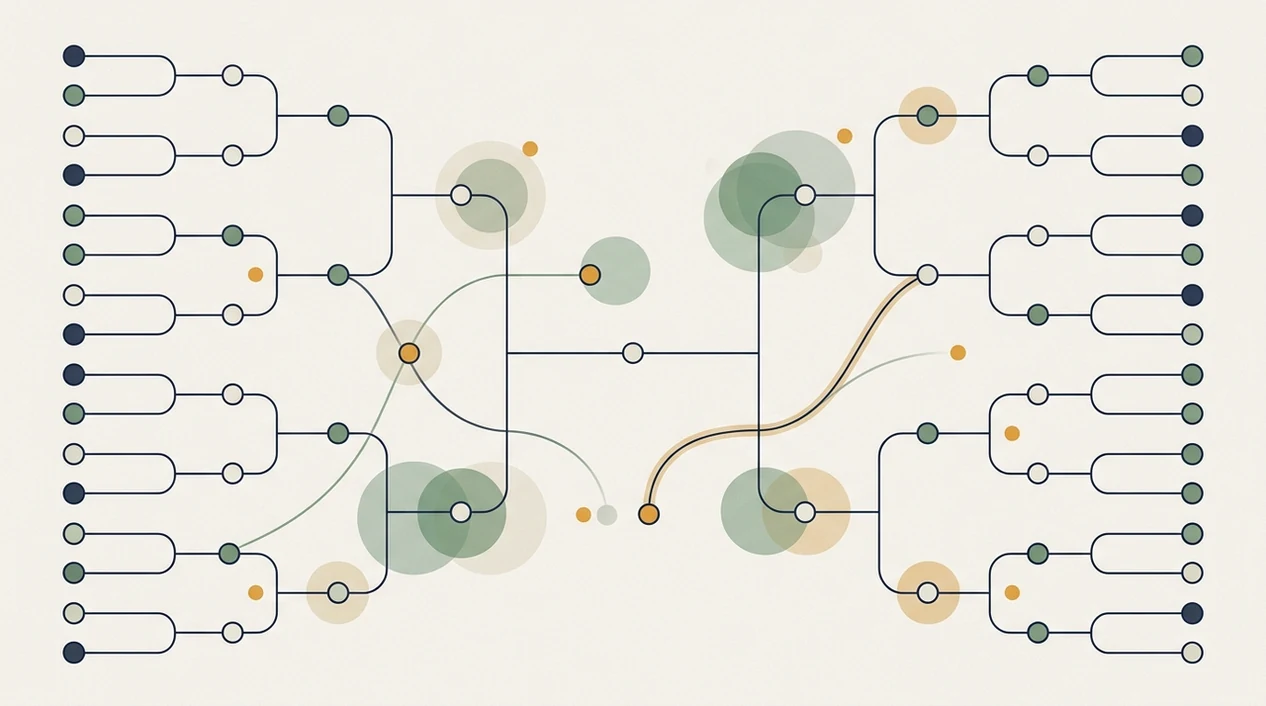 An abstract tournament bracket shows many branching World Cup paths and upset possibilities.