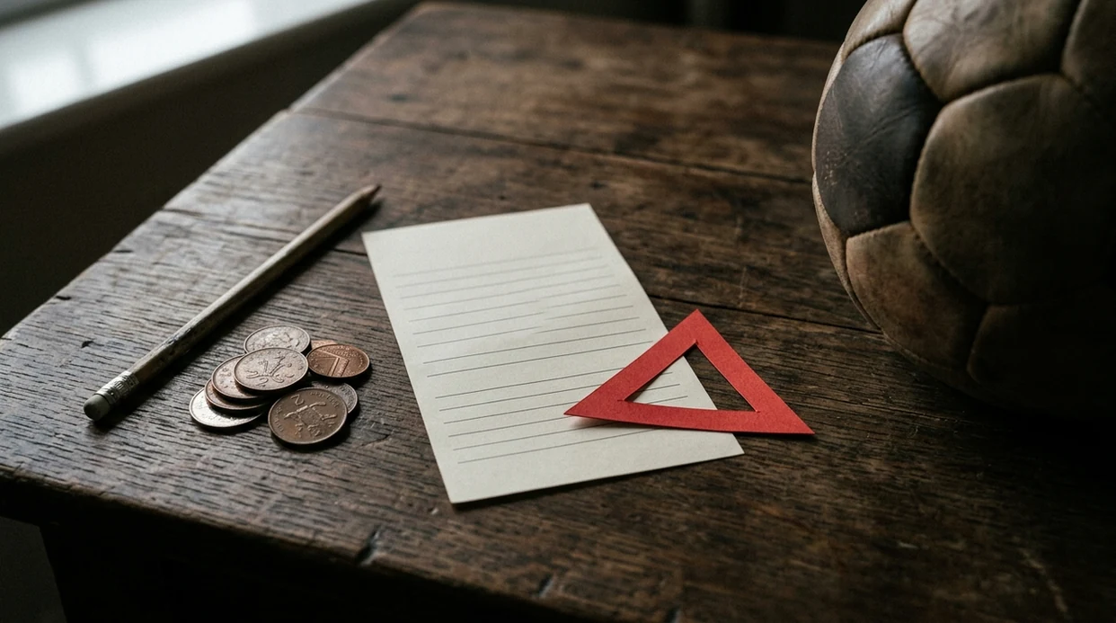 A football, blurred betting slip, coins, and amber warning symbol suggest risk behind sure-win claims.