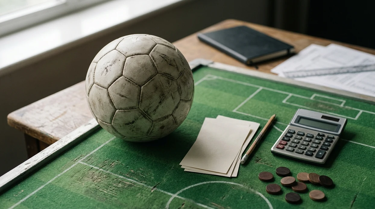 A football sits beside blank betting slips and calculation tools on a green tactical board.
