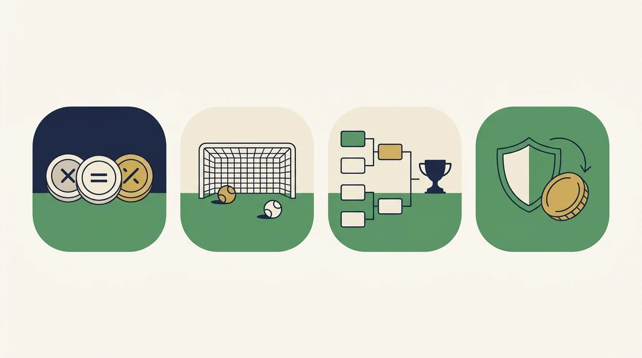 Four simple illustrated panels show basic World Cup bet types without complex details.