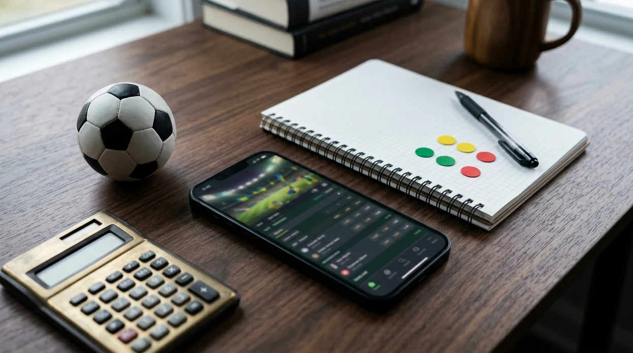 A phone, football, notebook, and risk markers sit on a desk for World Cup betting research.