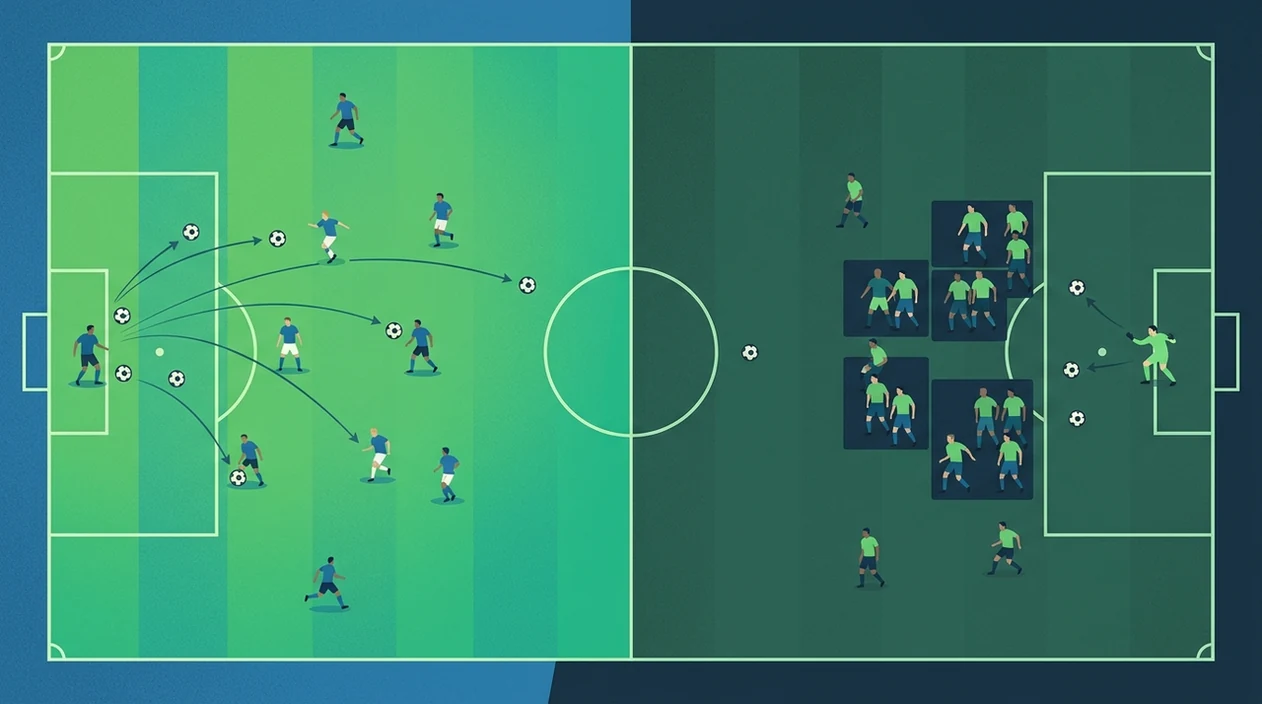 A split pitch illustration contrasts open group games with tighter knockout matches.
